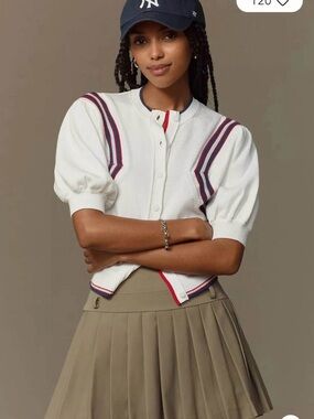 Anthro Maeve White Puff Sleeve Button Cardigan with Navy & Red Trim